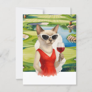 Golf Cat is drinking wine in Golf Course  Postcard