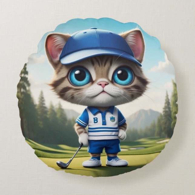 Golf Cat Round Pillow (Front)
