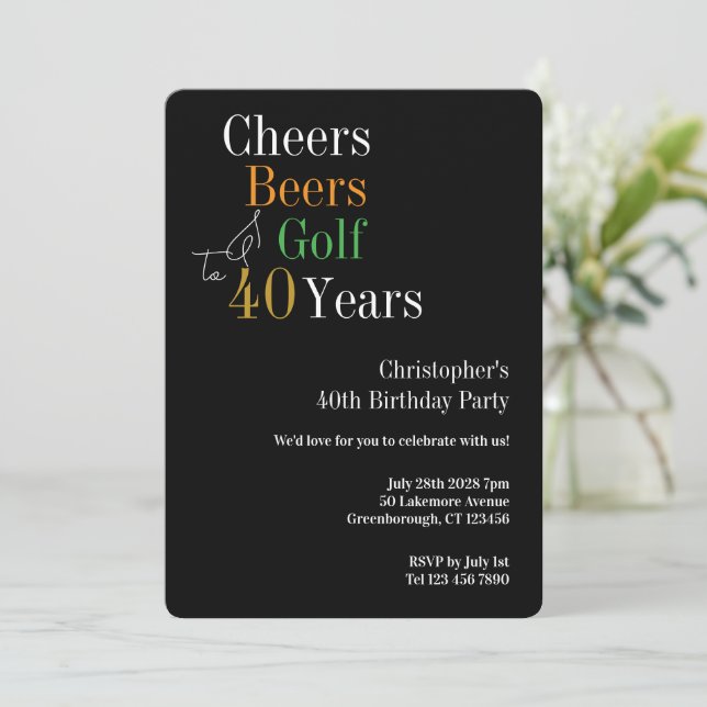 Golf Cheers Beers 40th Birthday Party Invitation (Standing Front)