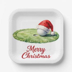 Golf Christmas ball with Santa Hat on Green Paper Plates