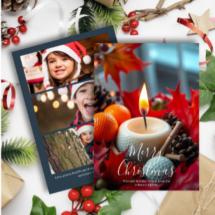 Golf Christmas Candle• Three Photo Navy Holiday Card