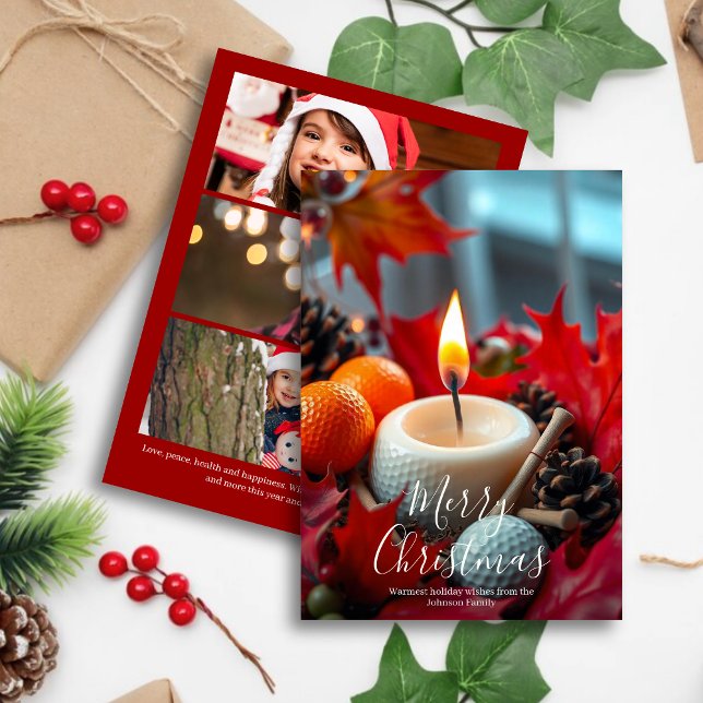 Golf Christmas Candle • Three Photo Red Holiday Card (Creator Uploaded)
