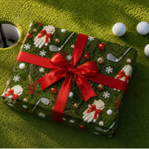 Golf Christmas Equipment Pattern on Green Grass Wrapping Paper