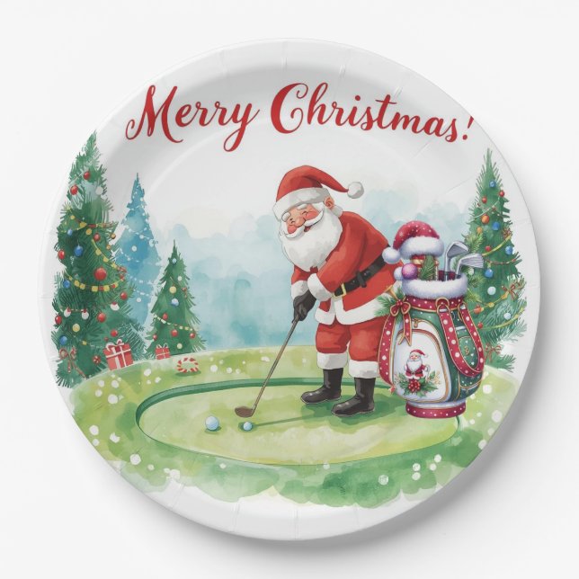 Golf Christmas golfing  Santa Golfer at golf flag Paper Plates (Front)