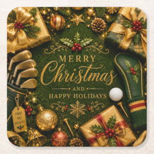Golf Christmas Holiday Square Paper Coaster