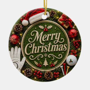Golf Christmas Holiday themed on green grass Ceramic Ornament