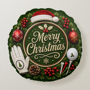 Golf Christmas Holiday themed on green grass Round Pillow