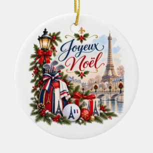 Golf Christmas in Paris France Watercolor Holiday Ceramic Ornament