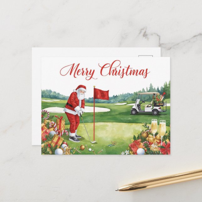 Golf Christmas  Let’s Par tee with Santa Claus   Holiday Postcard (Front/Back In Situ)