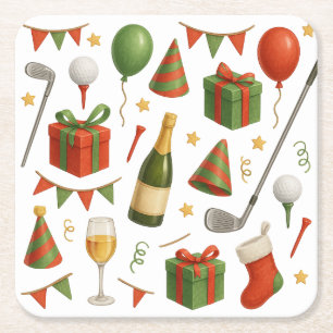 Golf Christmas party themed for golfer champagne Square Paper Coaster