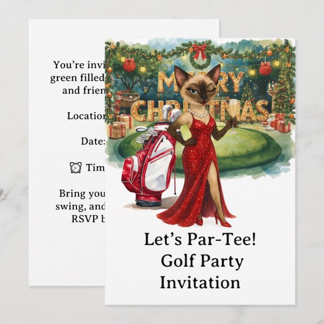 Golf Christmas Party with Cat on putting green Invitation (Front/Back)