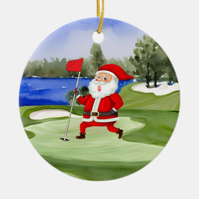 Golf Christmas Santa Claus holds flag on green  Ceramic Ornament (Front)