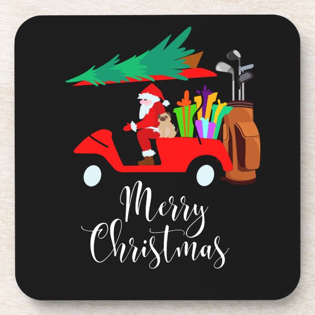 Golf christmas Santa Claus riding golf cart golfer Beverage Coaster (Front)