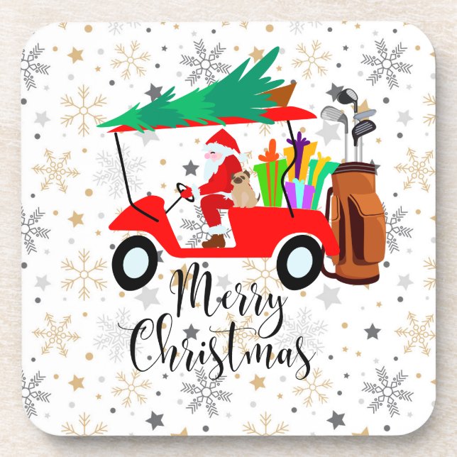 Golf christmas Santa Claus riding golf cart golfer Beverage Coaster (Front)