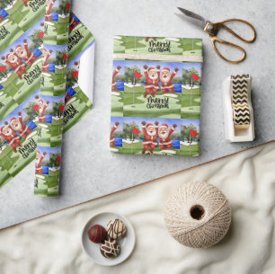 Golf Christmas Santa Claus with flag on green  Wrapping Paper