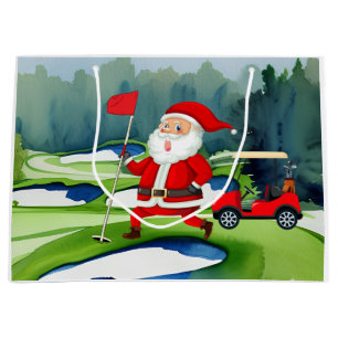 Golf Christmas Santa Claus with red cart on green Large Gift Bag
