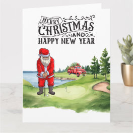 Golf Christmas Santa Claus with red truck on green Card