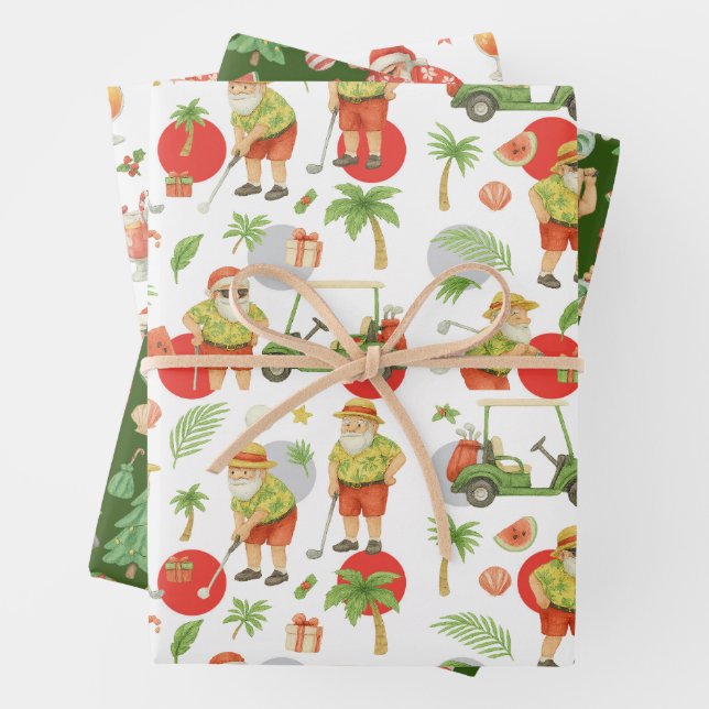 Golf Christmas Santa Golfing Summer time Wrapping Paper Sheets (In situ)