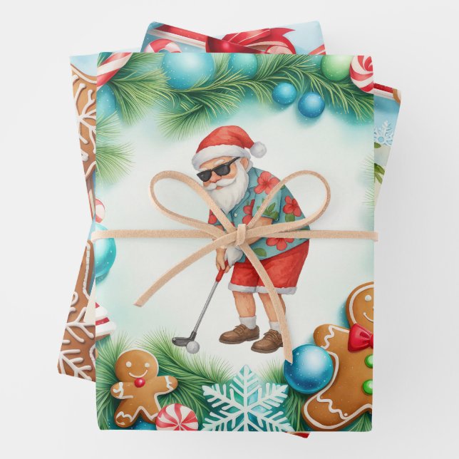 Golf Christmas Santa Golfing Summer time Wrapping Paper Sheets (In situ)