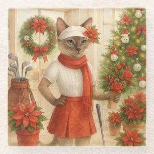 Golf Christmas themed for Cat woman Golfer Glass Coaster