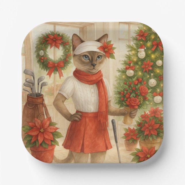 Golf Christmas themed for Cat woman Golfer  Paper Plates (Front)