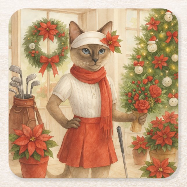 Golf Christmas themed for Cat woman Golfer  Square Paper Coaster (Front)