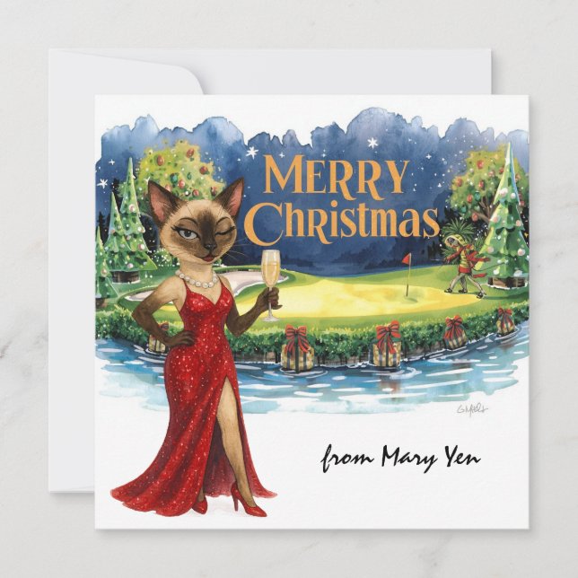 Golf Christmas themed for Woman Cat Lovers Holiday Card (Front)