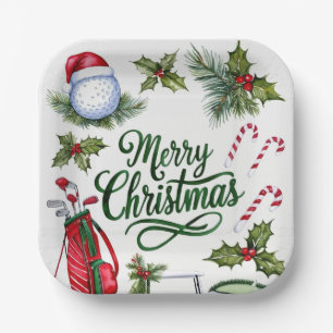 Golf Christmas themed Golfer watercolor Holiday Paper Plates