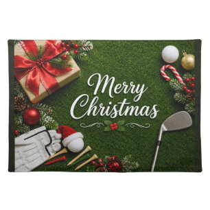 Golf Christmas themed on green grass Cloth Placemat