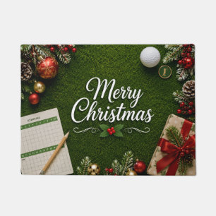 Golf Christmas themed on green grass Doormat