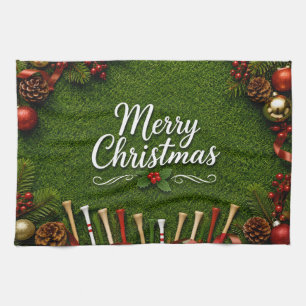 Golf Christmas themed on green grass Kitchen Towel
