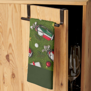 Golf Christmas themed on green grass Kitchen Towel