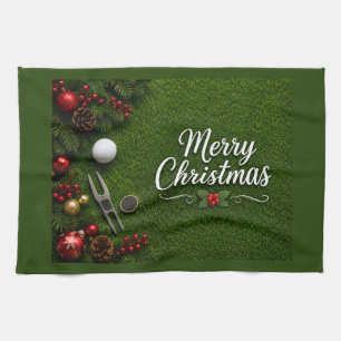 Golf Christmas themed on green grass Kitchen Towel