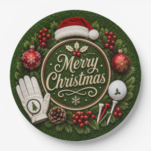 Golf Christmas themed on green grass Paper Plates