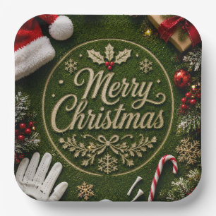 Golf Christmas themed on green grass Paper Plates