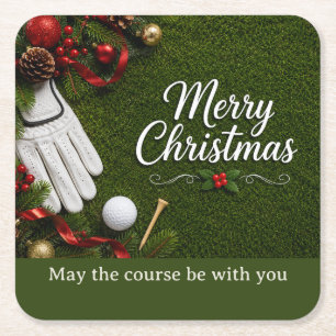 Golf Christmas themed on putting green Square Paper Coaster