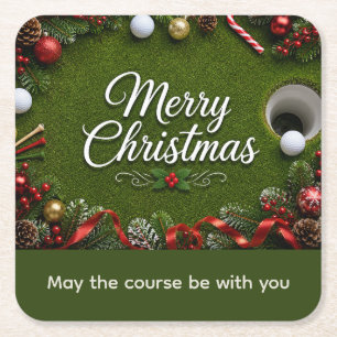Golf Christmas themed on putting green Square Paper Coaster