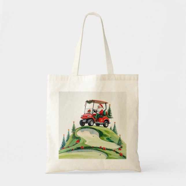 Golf Christmas  themed Santa Claus riding cart Tote Bag (Front)