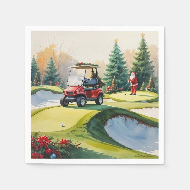 Golf Christmas themed with golf cart on green  Napkins (Front)