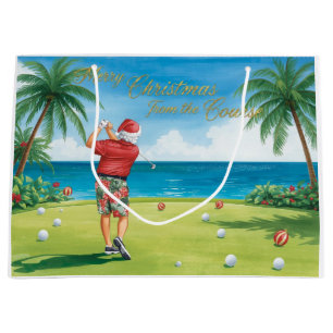 Golf Christmas themed with Santa Claus golfing Large Gift Bag