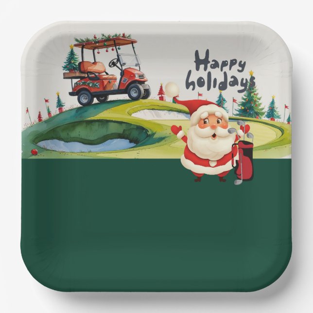 Golf Christmas themed with Santa Claus golfing  Paper Plates (Front)