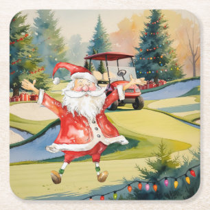 Golf Christmas themed with Santa Claus Golfing Square Paper Coaster