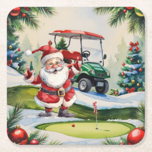 Golf Christmas themed with Santa Claus Golfing Square Paper Coaster