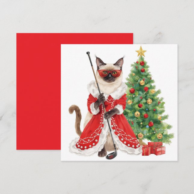 Golf Christmas themed with Siamese Cat Golfer  Holiday Card (Front/Back)