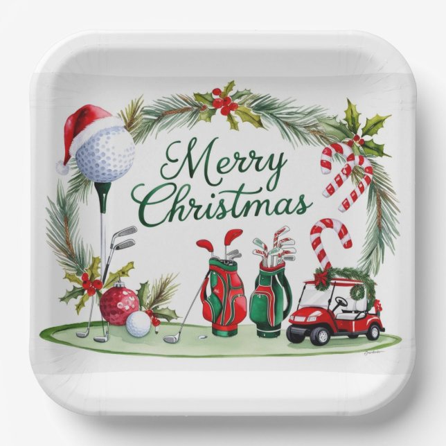 Golf Christmas tree golf balls and Santa Hat  Paper Plates (Front)