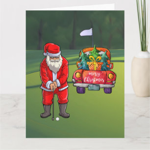Golf Christmas tree on red car   with Santa Claus  Card