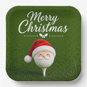 Golf Christmas with ball and Santa hat on green Paper Plates