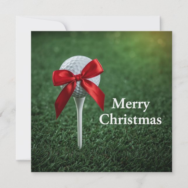 Golf Christmas with golf ball and tee with ribbon Holiday Card (Front)