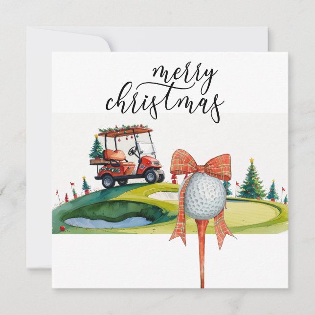 Golf Christmas with golf ball and tee with ribbon Holiday Card (Front)