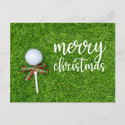 Golf Christmas with golf ball and tee with ribbon  Holiday Postcard